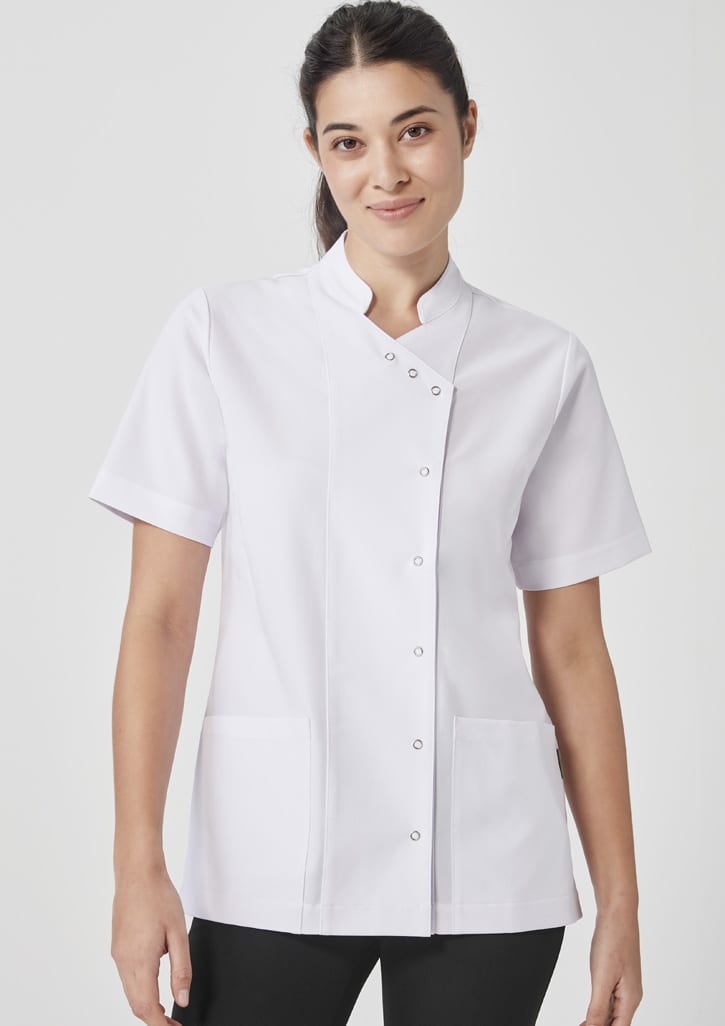 A women's short-sleeved white jacket with a mandarin collar and snap buttons, featuring two front pockets.