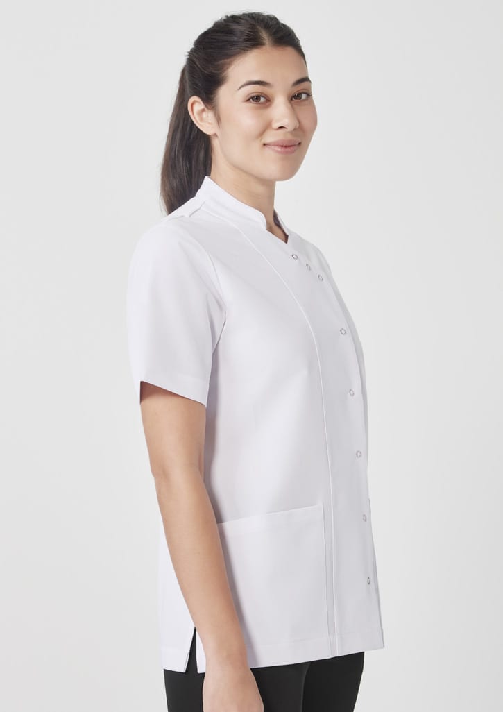A white short-sleeved jacket with a collared design, featuring a button-down front and a side pocket.