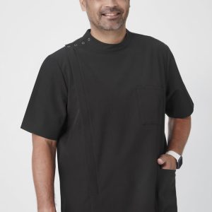 A black men's jacket with a side pocket, featuring button details and a simple, modern design.