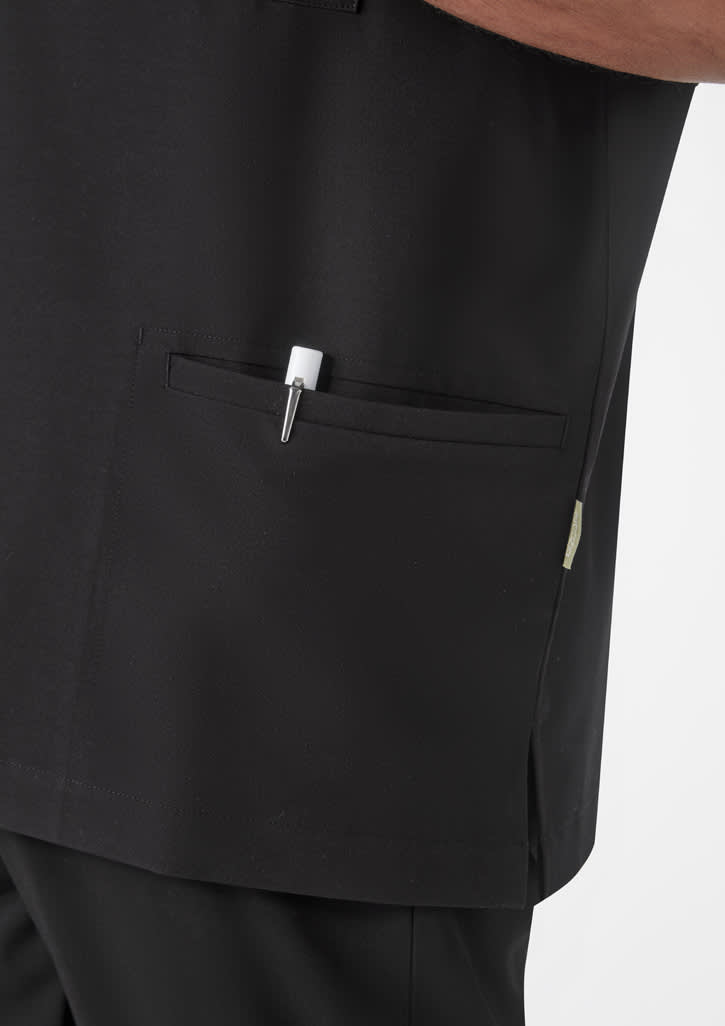 A black men's jacket featuring a side pocket with a pen. The material appears smooth and durable.