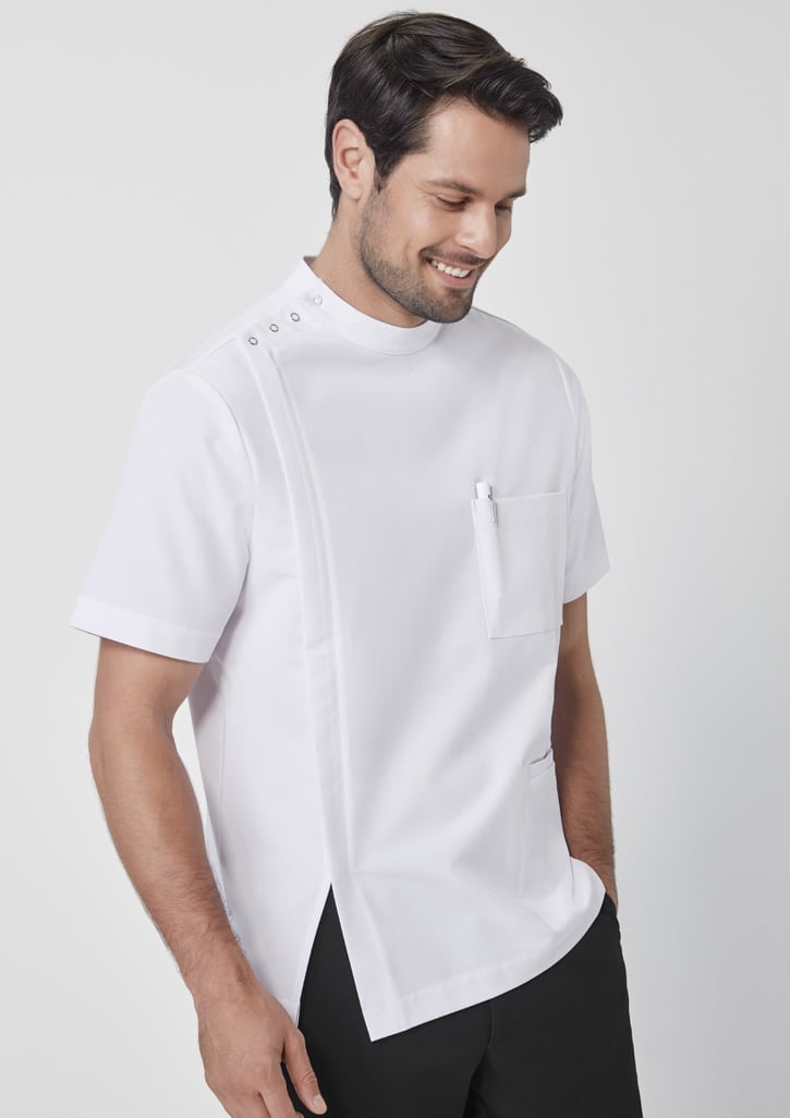 A short-sleeved white jacket with a stand-up collar, featuring buttons and a chest pocket.