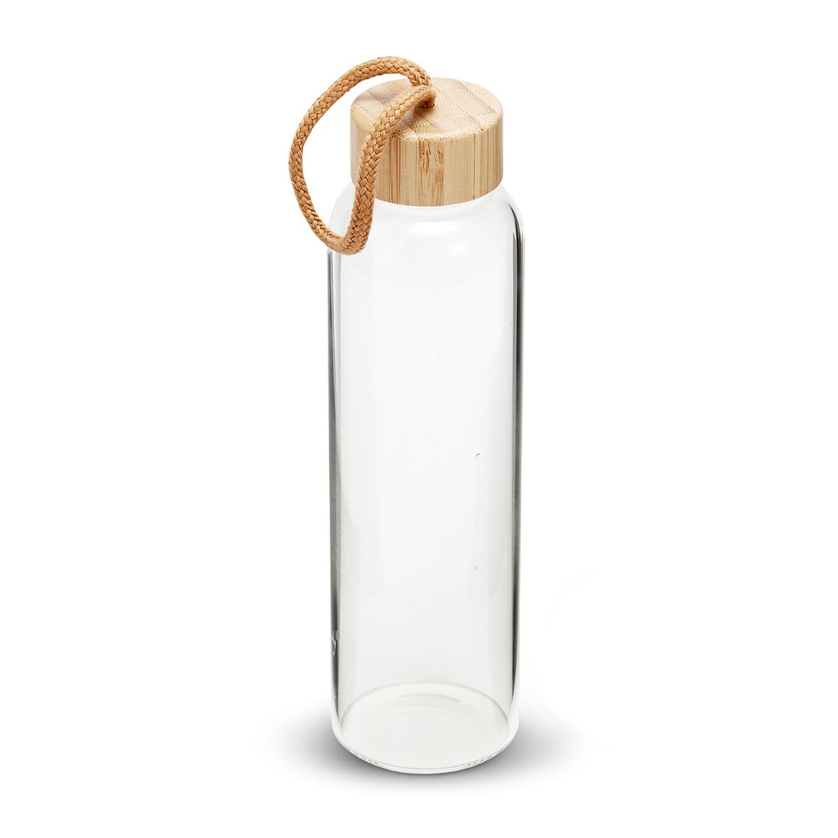 A drink bottle made of clear glass with a bamboo lid and a rope handle.