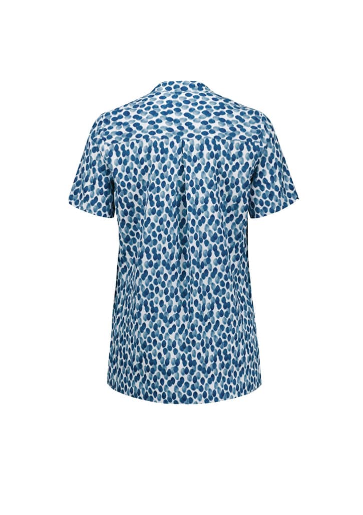 A blue and white tunic featuring a stardust print, designed for women's uniforms, with a short sleeve and back view.