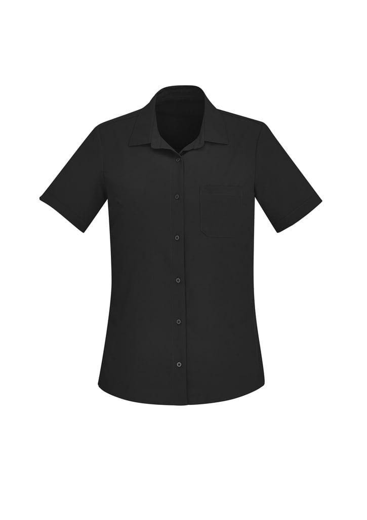 A women's short sleeve shirt in black with a button front and a single chest pocket. Features a logo.