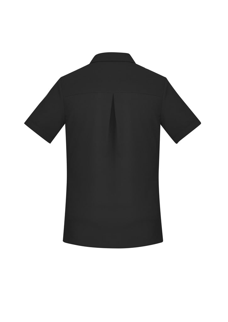 A black short sleeve shirt with a tailored design and a back pleat, featuring a subtle logo.