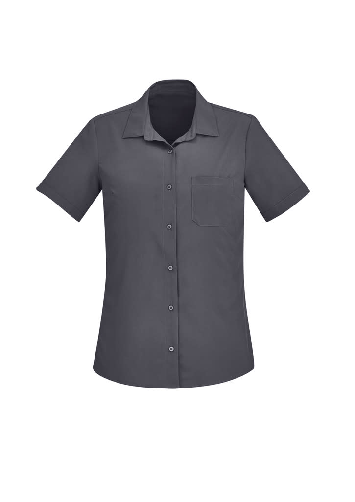 A short sleeve shirt in dark grey with a pocket and a collared neckline, featuring button closures.