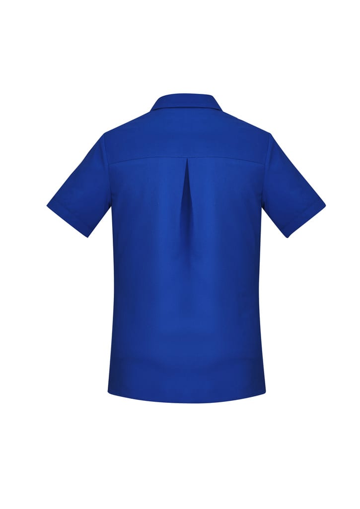 A bright blue women's shirt with short sleeves and a back pleat, featuring a collar and a logo.