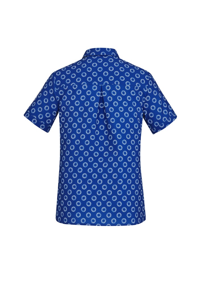 A blue short sleeve shirt featuring a white daisy print, designed as a button-up shirt. It has a logo on the back.