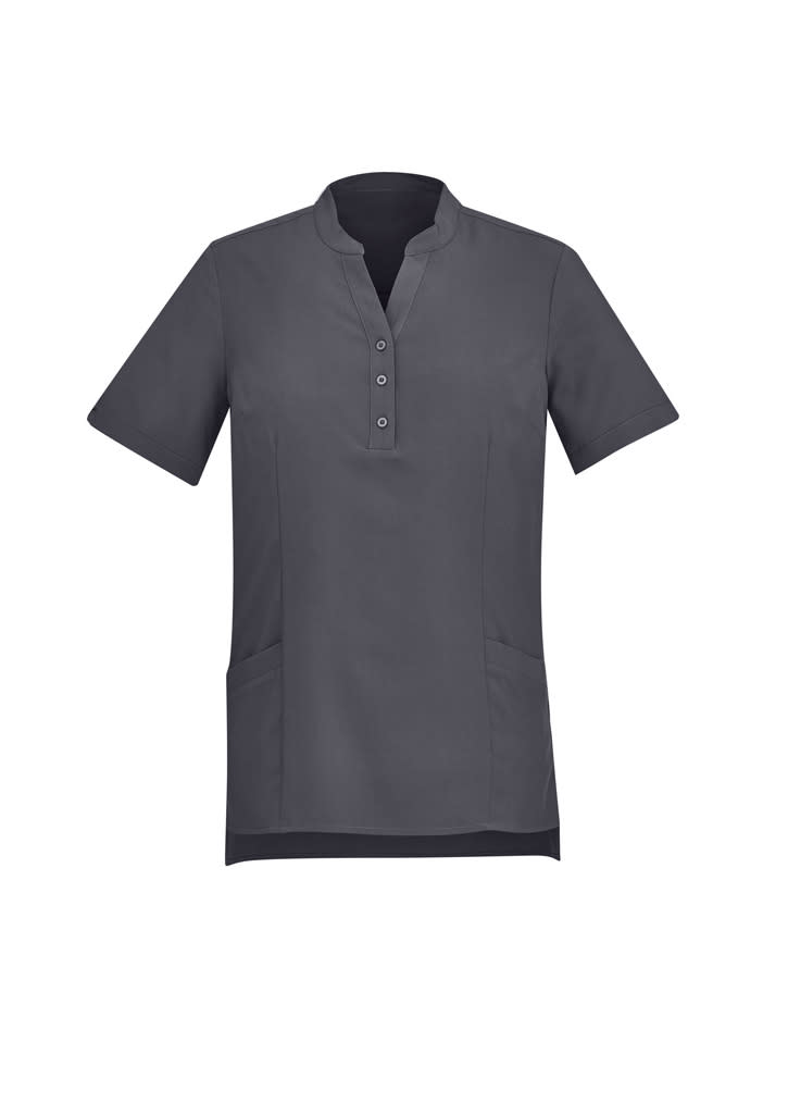 A short-sleeved, charcoal grey women's tunic with a collar and buttons, featuring two side pockets.