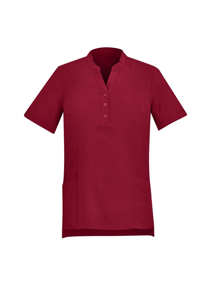 A plain burgundy tunic with short sleeves, a notch collar, and buttons at the front, featuring two side pockets.