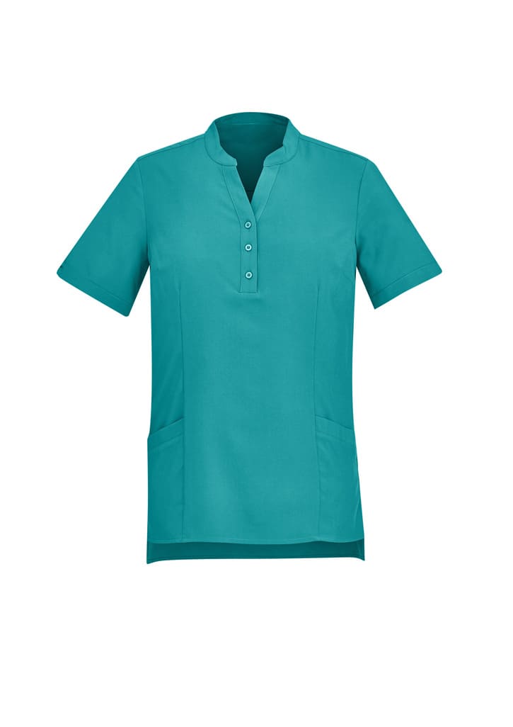 A teal plain tunic with a short sleeve, featuring a collar and buttons, designed for women's uniforms.