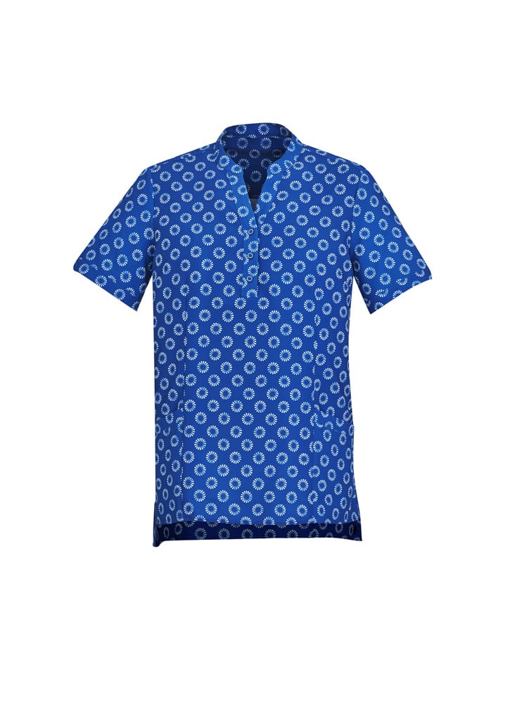 A blue women's tunic with a daisy print pattern, featuring a collar and short sleeves. It has a logo.