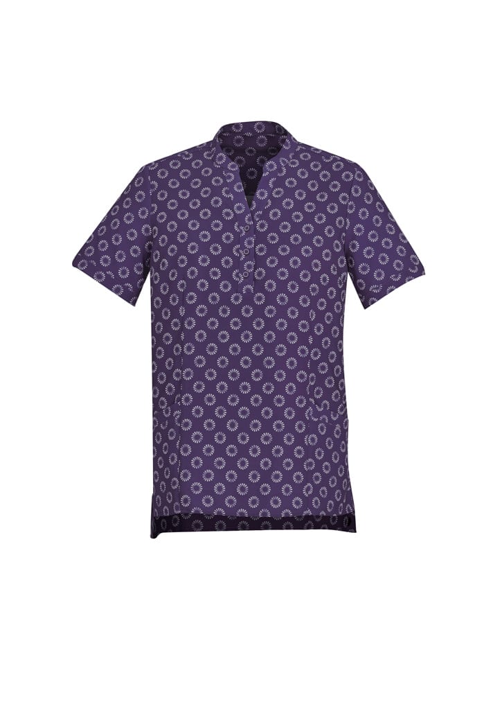 A purple tunic featuring a white daisy print, designed with short sleeves and a collar. It has pockets and a logo.