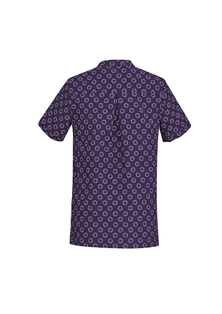 A women's tunic featuring a purple daisy print pattern with short sleeves and a back button detail.