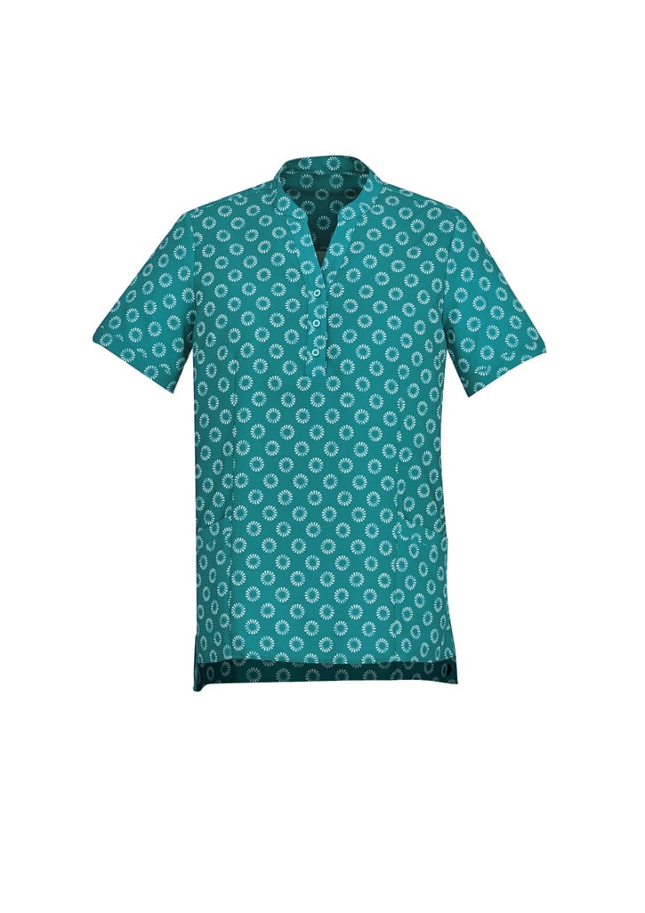 A teal tunic with a daisy print pattern and short sleeves, featuring a collar and side pockets.