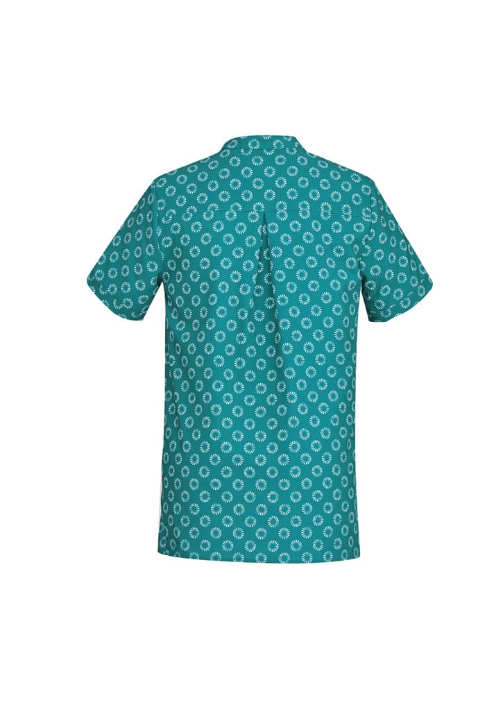 A women's tunic in teal featuring a white daisy print, designed with short sleeves and a back opening.