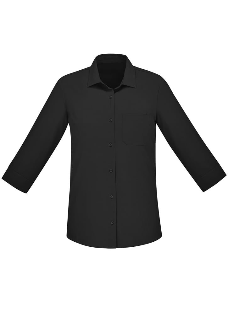A black women's button-up shirt with 3/4 sleeves and a chest pocket, featuring a simple design and a logo.