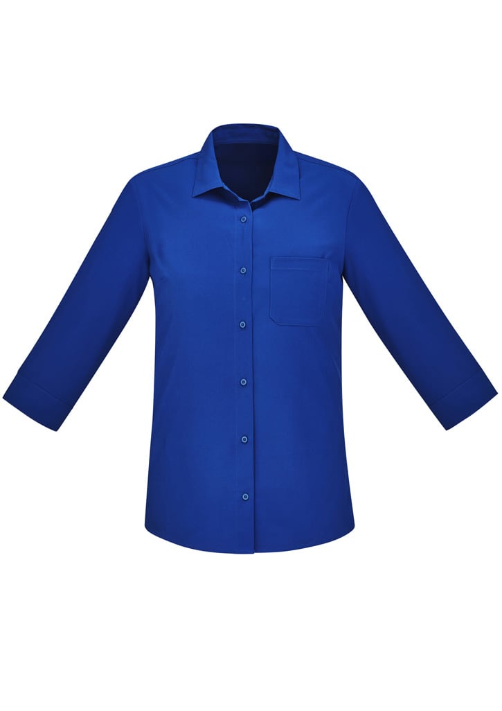 A blue women's button-up shirt with 3/4 sleeves and a pocket on the front. It features a brand logo.