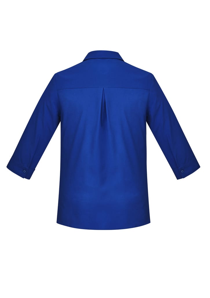 A blue women's button-up shirt with 3/4 sleeves and a back pleat detail. Features a collar and cuffed sleeves.