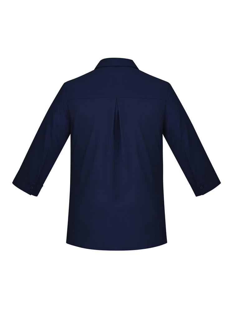 A navy blue women's button-up shirt with 3/4 sleeves and a back pleat, featuring a collar and cuffed sleeves.
