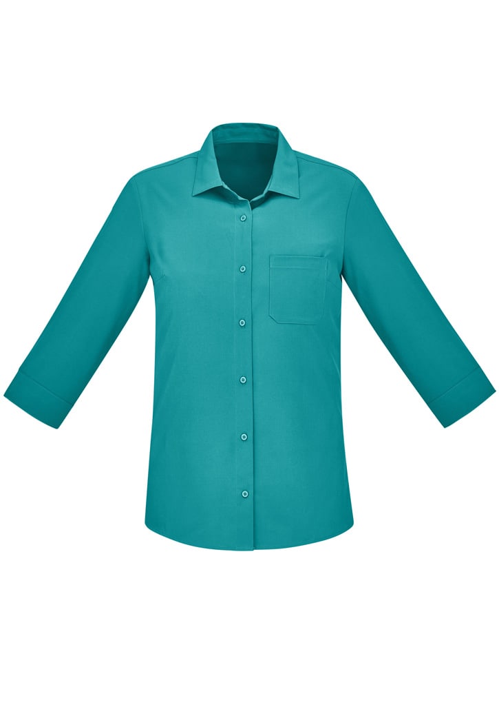 A teal 3/4 sleeve button-up shirt with a chest pocket and a collared neckline. It features a brand logo.