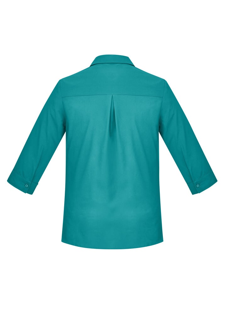 A teal women's button-up shirt featuring 3/4 sleeves and a back pleat detail. The shirt has a collar and button cuffs.