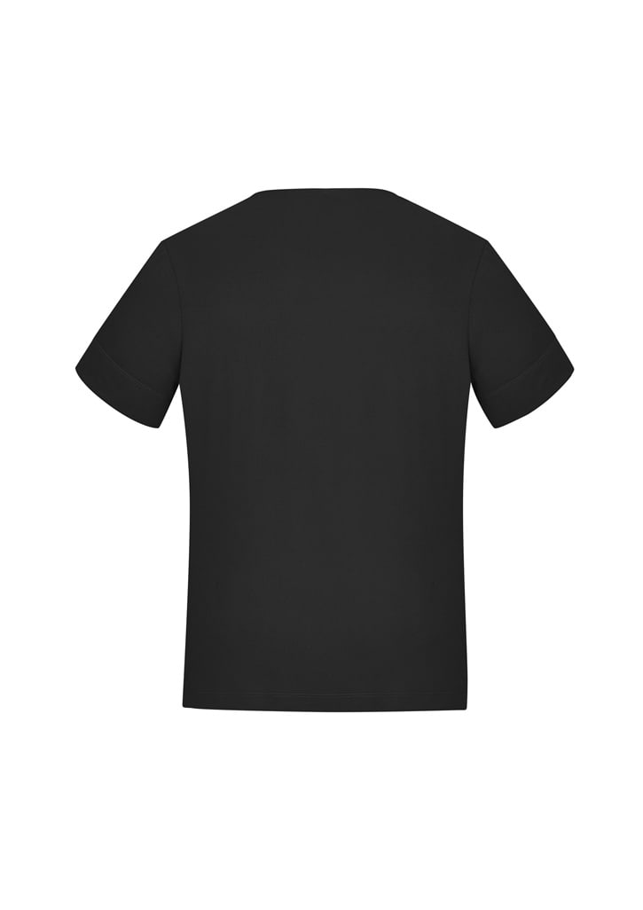 A black women's short sleeve jersey top featuring a simple design and a logo on the back.