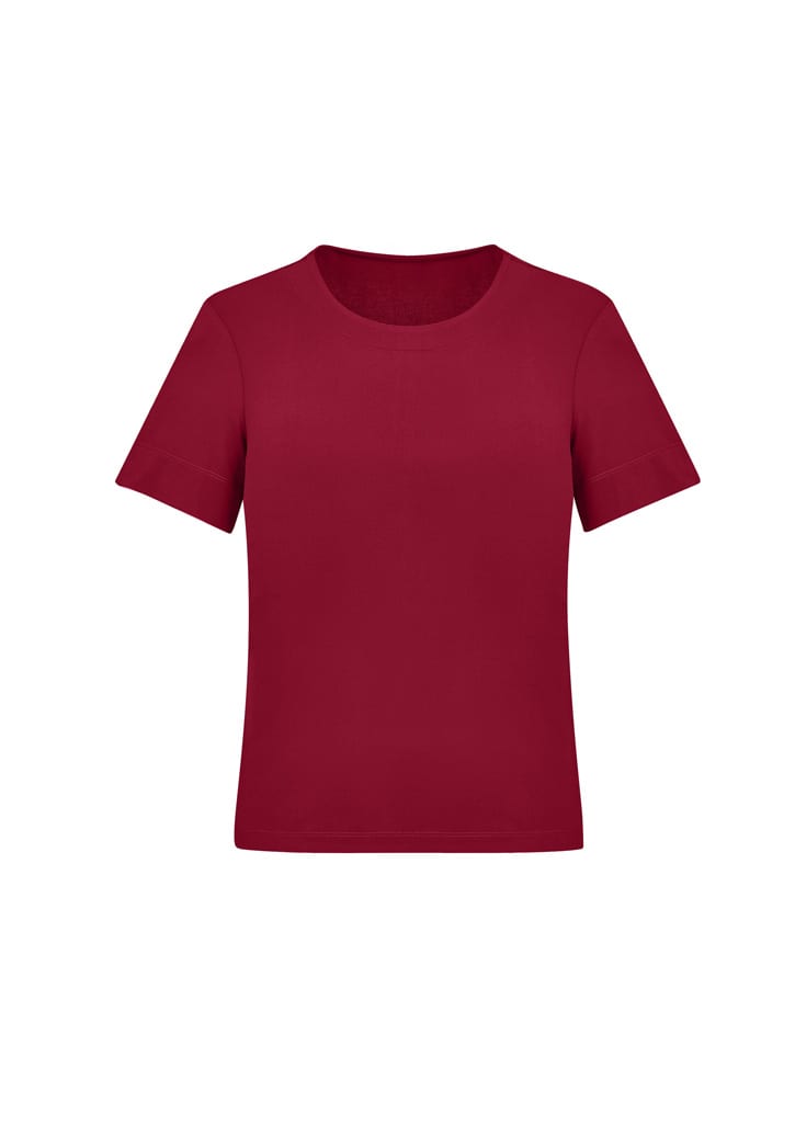 A burgundy short sleeve jersey top with a round neckline, featuring a simple design and a logo.