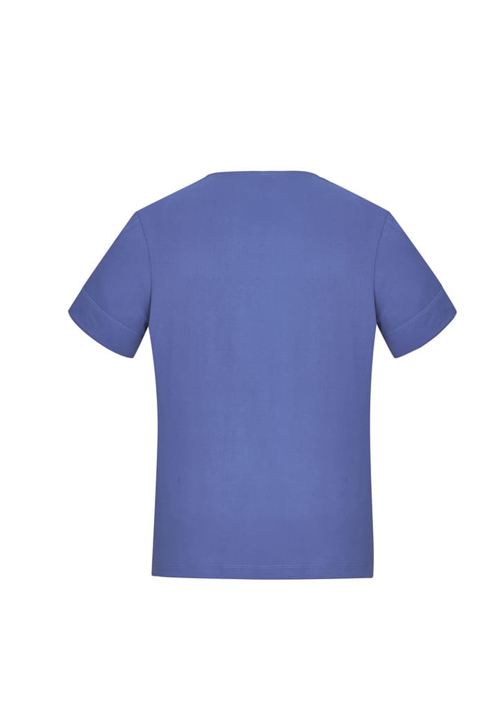 A blue women's short sleeve jersey top with a simple design and a logo on the back.