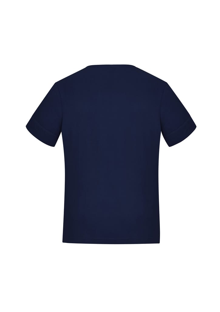 A navy blue women's short sleeve jersey top with a simple design and a logo on the back.