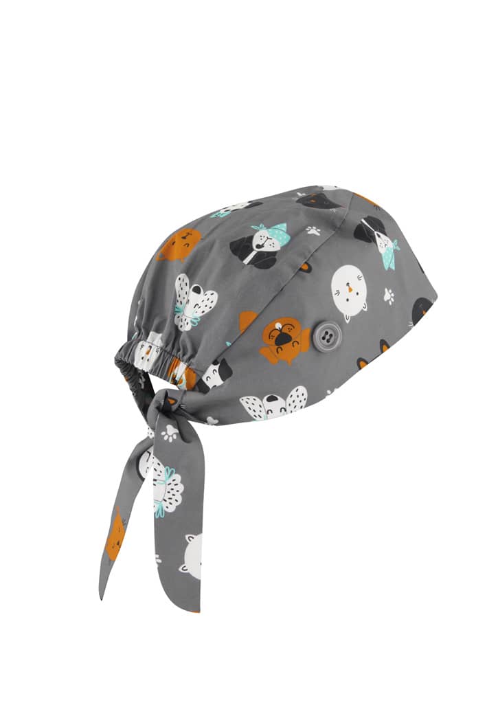A unisex printed scrub cap in grey, featuring colourful animal patterns and a tie-back design.