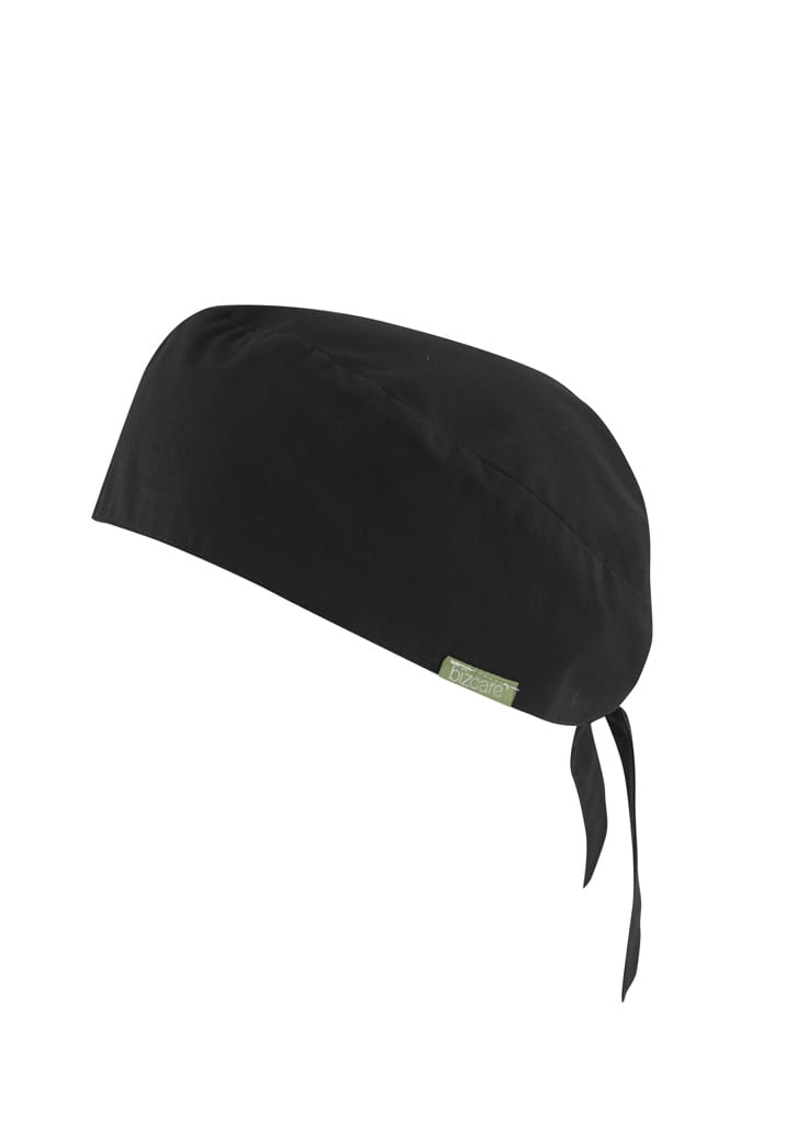 A black unisex reversible scrub cap with a tie at the back and a small logo on the side.