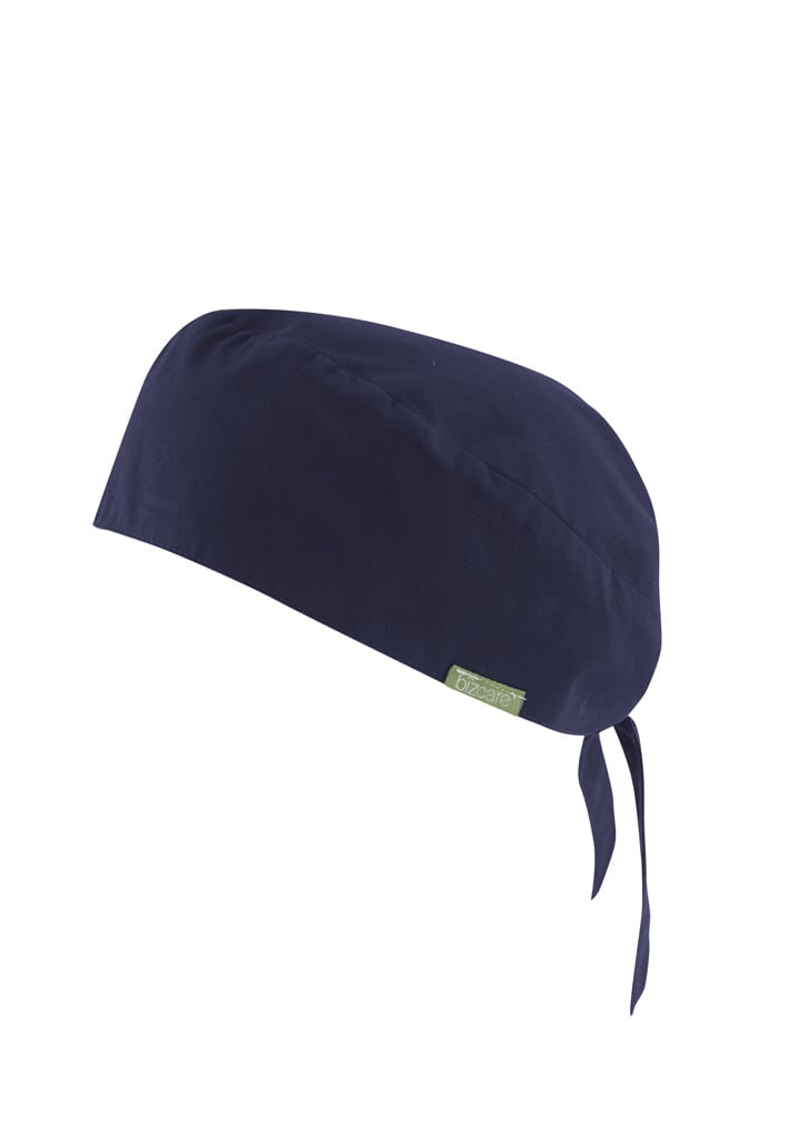 A navy blue unisex reversible scrub cap with ties and a logo. Suitable for medical or uniform use.