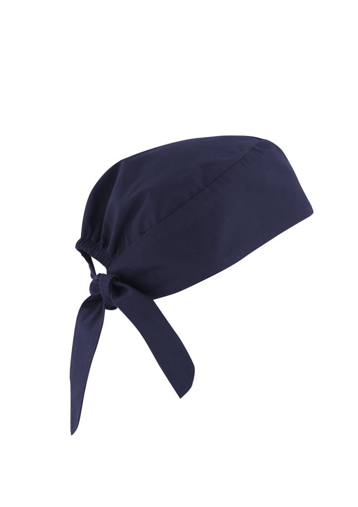 A navy unisex reversible scrub cap with a tie at the back and a logo.
