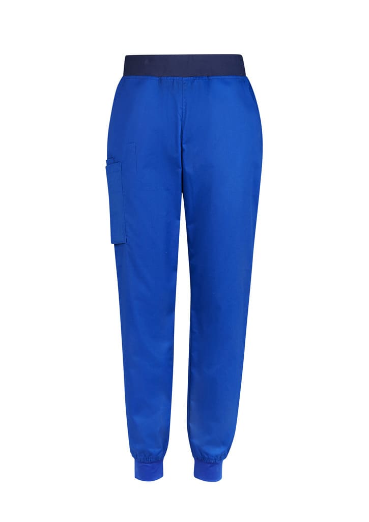 A pair of blue slim leg jogger scrub pants with a waistband and side pocket, featuring a logo.