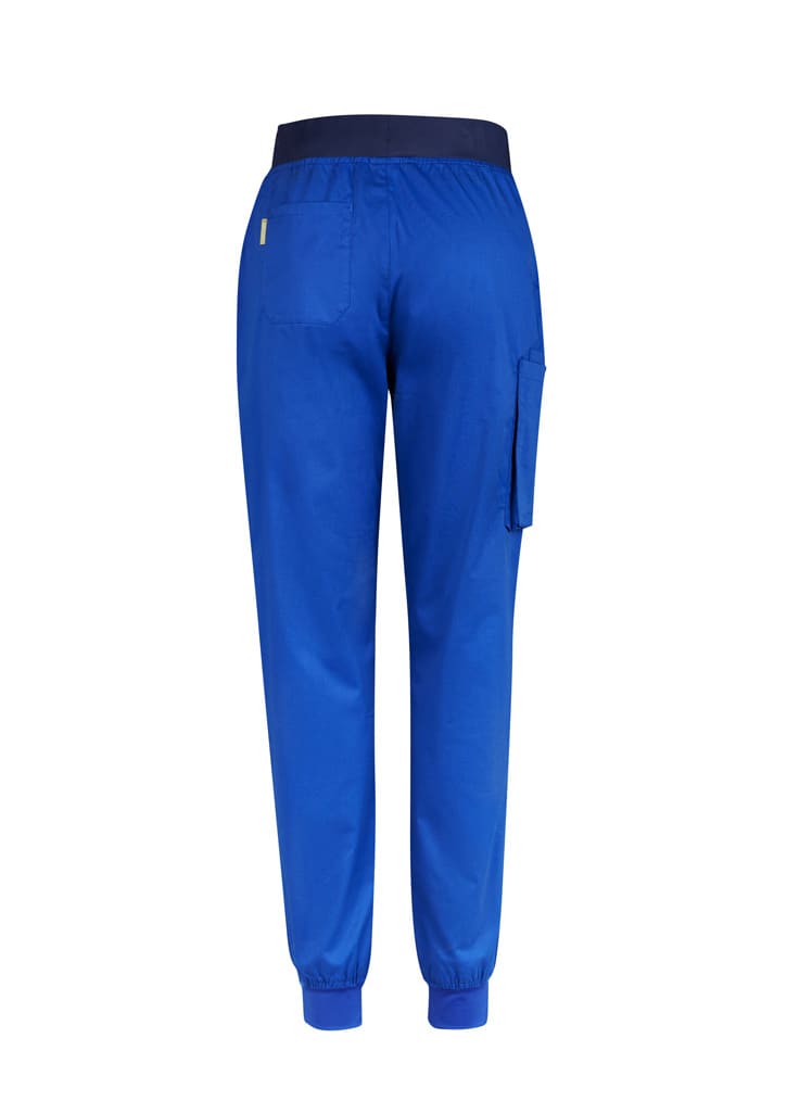 A pair of women's slim leg jogger scrub pants in bright blue, featuring pockets and an elastic waistband.