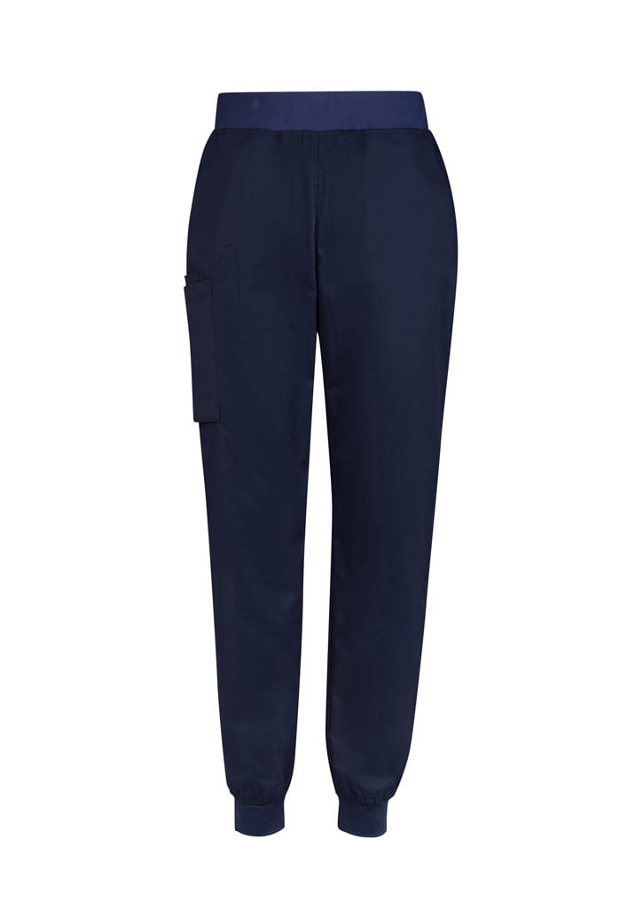 A pair of navy women's slim leg jogger scrub pants featuring a side pocket and elasticised waistband.