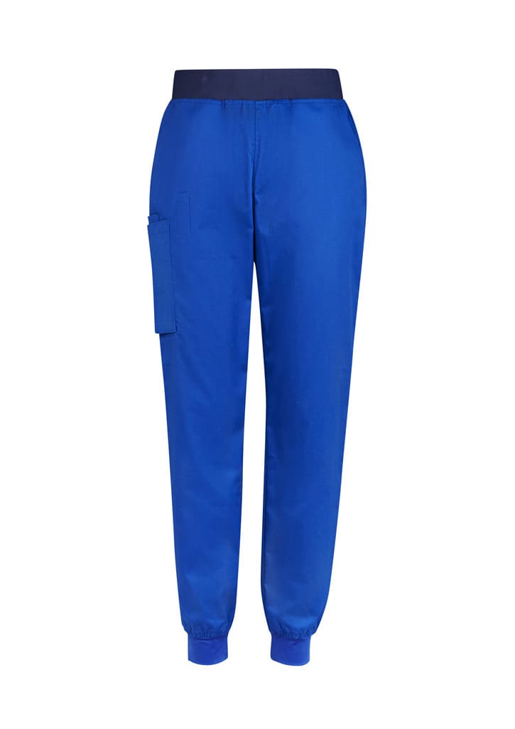Slim leg jogger scrub pants in vibrant blue with an elastic waistband and side pocket. Features a logo.
