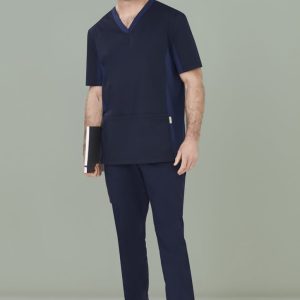 A navy blue men's slim leg jogger scrub pant, styled with a matching scrub top, set against a plain background.
