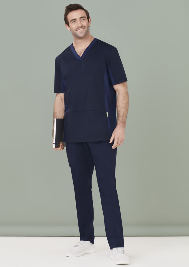 A navy blue men's slim leg jogger scrub pant, styled with a matching scrub top, set against a plain background.