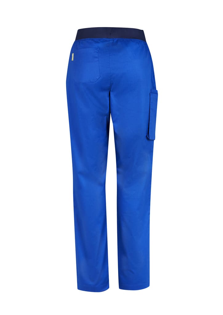A pair of blue women's straight leg scrub pants with a pocket, featuring an elastic waistband and a logo.