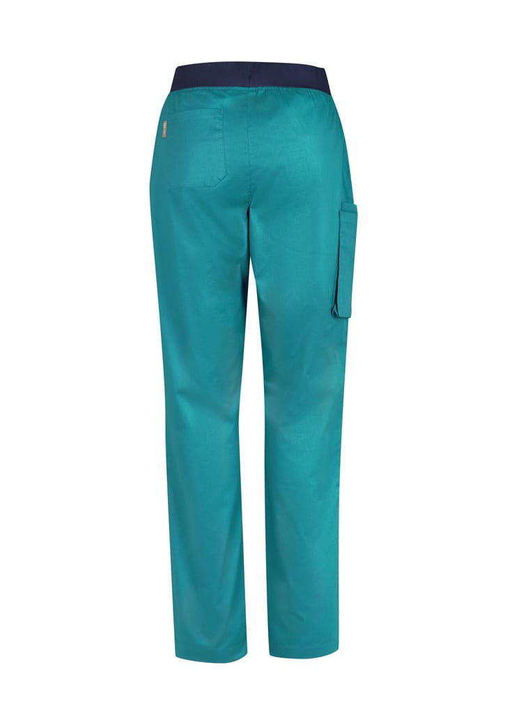 A pair of teal women's straight leg scrub pants featuring a back pocket and a navy waistband.