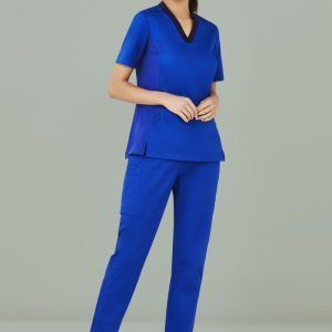 A pair of women's straight leg scrub pants in royal blue, featured with a matching scrub top and a logo.