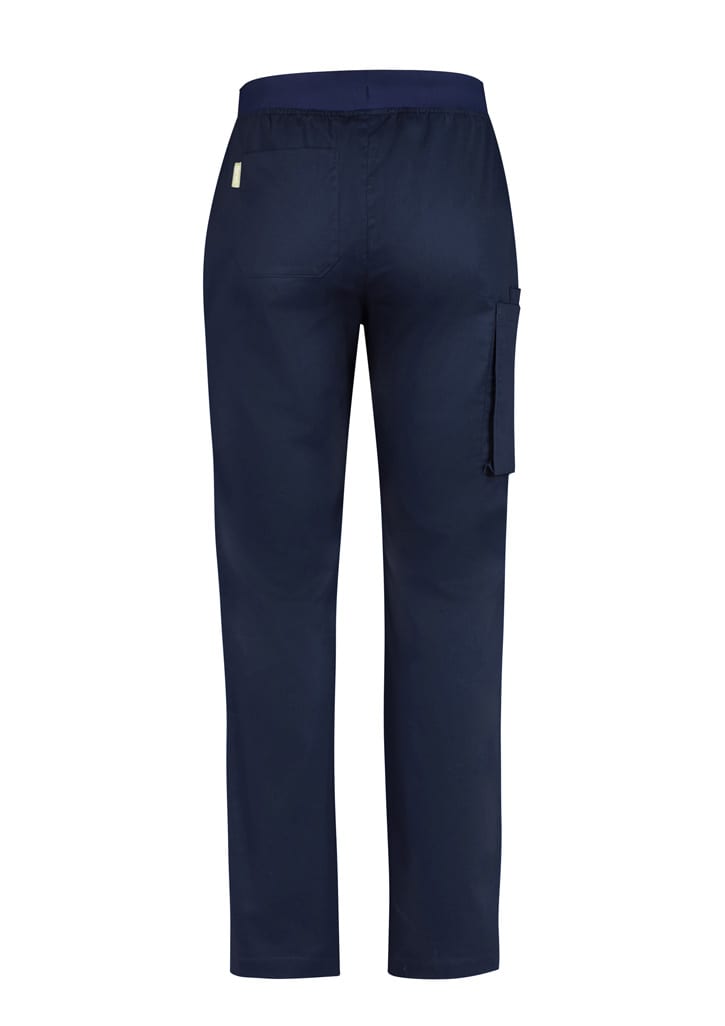 Men's straight leg scrub pants in navy blue, featuring a side pocket and an elastic waistband. Includes a branding logo.