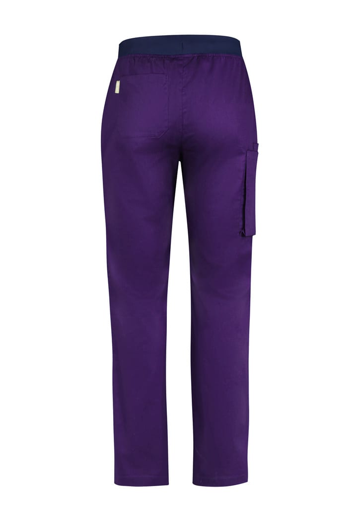 Purple straight leg scrub pants featuring a back pocket and side cargo pocket, with an elastic waistband.