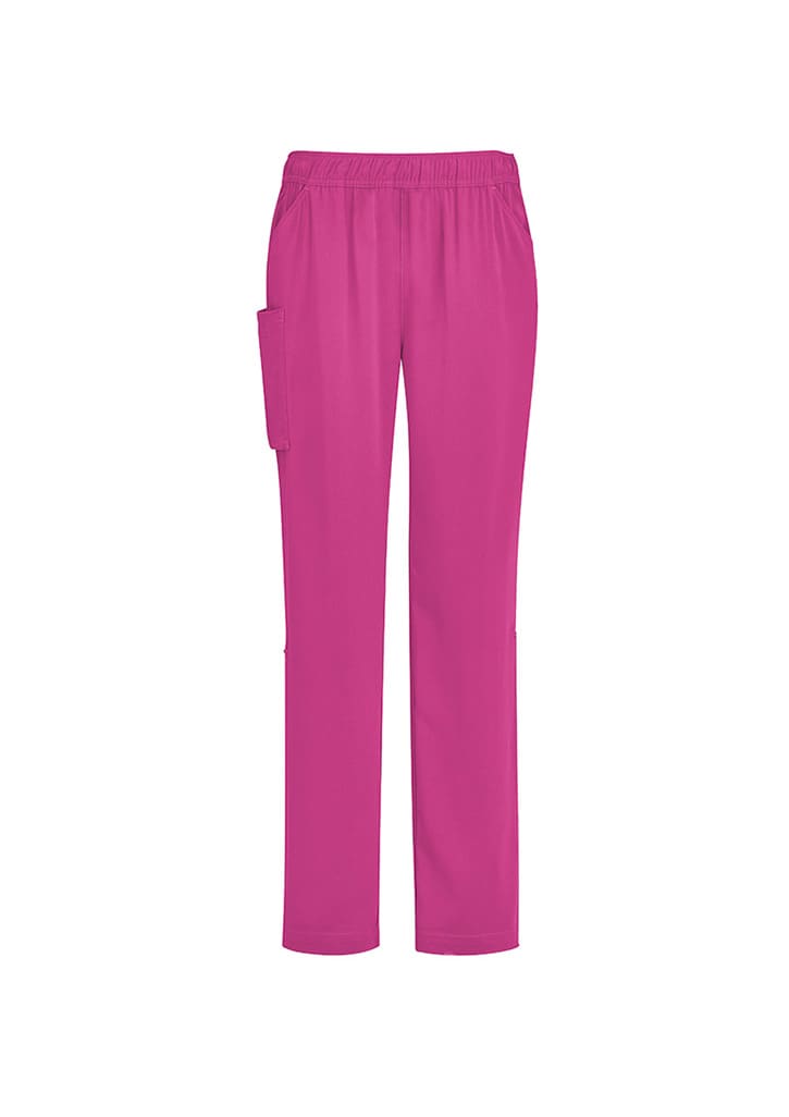 Unisex pink scrub pants with an elastic waistband and a side pocket. Features a smooth, lightweight fabric.