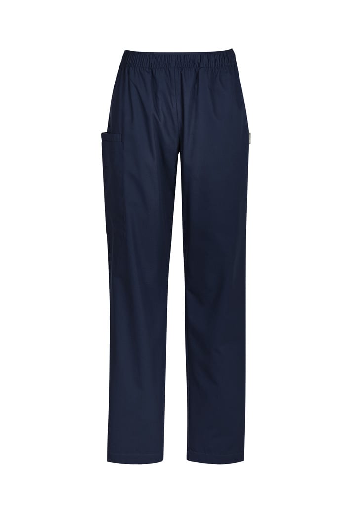 Navy women's scrub pants featuring an elastic waistband and side pockets, with a logo present.