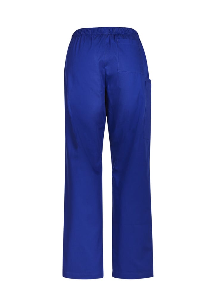 Royal blue scrub pants featuring an elastic waistband and side pocket, positioned against a white background.