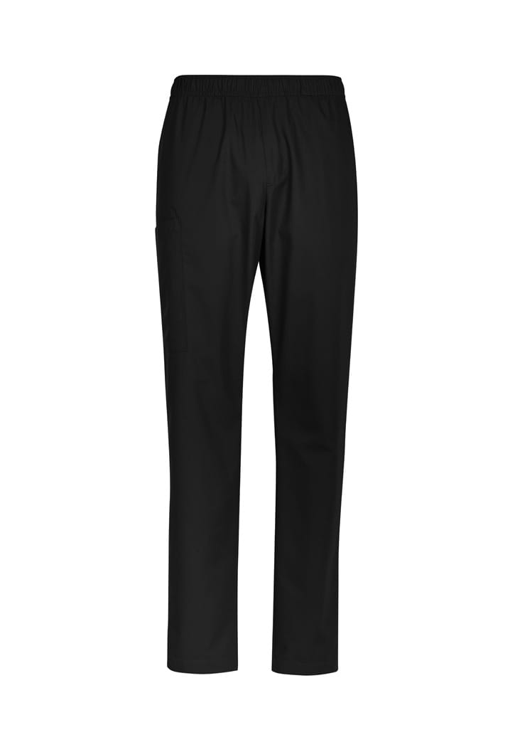Men's scrub pants in black, featuring an elastic waistband and a side pocket. Includes branding.
