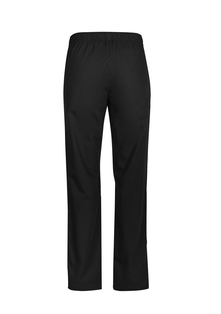 Black scrub pants with an elastic waistband and a back pocket, featuring a logo on the waistband.